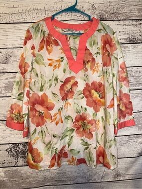 Signature by Larry Levine Floral Linen Blend Tunic Top Coral Pink XL